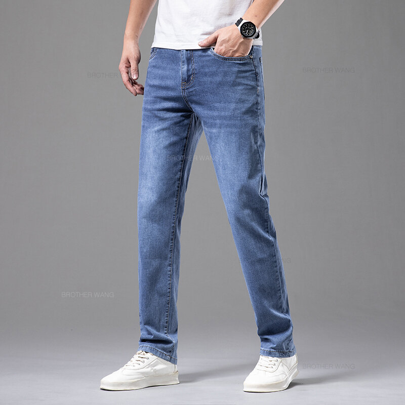กางเกงผู้ชายแฟชั่นยีนส์ผ้ายืดบางใส่สบายสำหรับฤดูร้อน celana Panjang Brand 2024