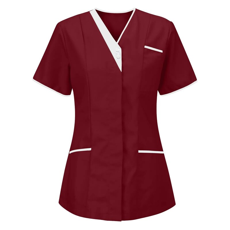 Seragam perawat untuk wanita lengan pendek V-neck atasan seragam kerja warna Solid blus saku pekerja gosok Suster Uniforme Clinico