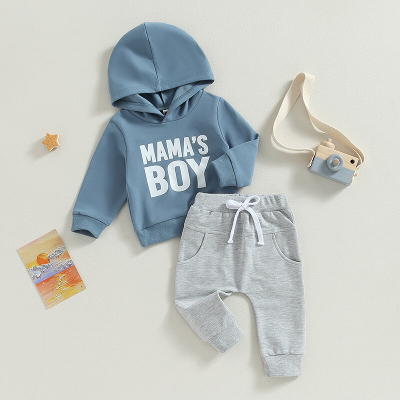 Toddler Boys Fall Outfits Letter Print Hoodies Long Sleeve Hooded Sweatshirts and Solid Color Long Pants 2Pcs Clothes Set