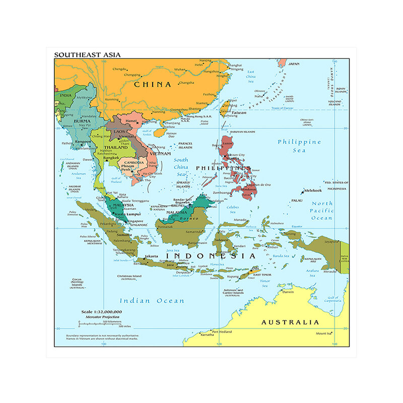 Mapa del sudeste asiático, lienzo no tejido en inglés, póster sin marco, decoración del hogar, suministros para el aula y la escuela, 90x90cm