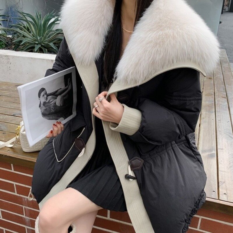 Jaket panjang wanita, mantel hangat jaket bebek putih pola panjang Parkas Faux kerah bulu, pakaian luar tebal 2023