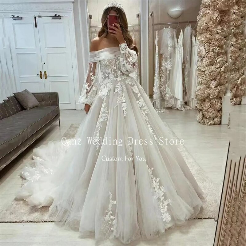 Qanz-Vestidos de novia con apliques de lujo Para mujer, Vestidos de novia de tul de manga larga, Elegantes, Elegantes
