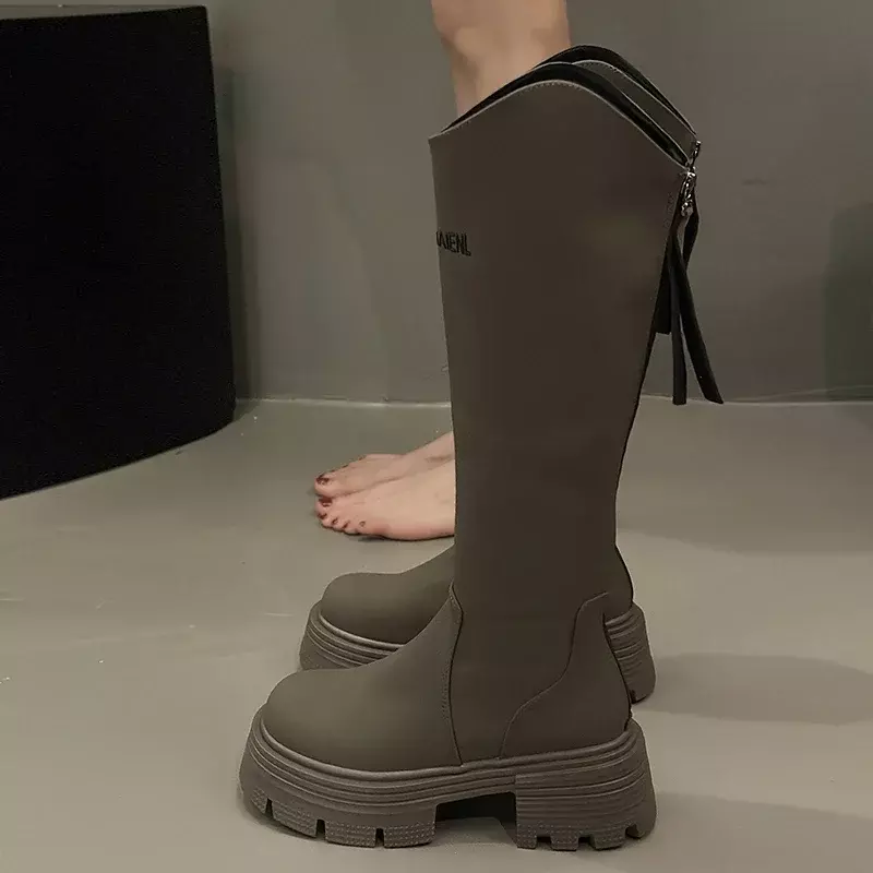Женские сапоги до колена, новинка 2023, осенне-зимняя обувь, женские длинные сапоги без шнуровки, повседневные сапоги на платформе и массивном каблуке