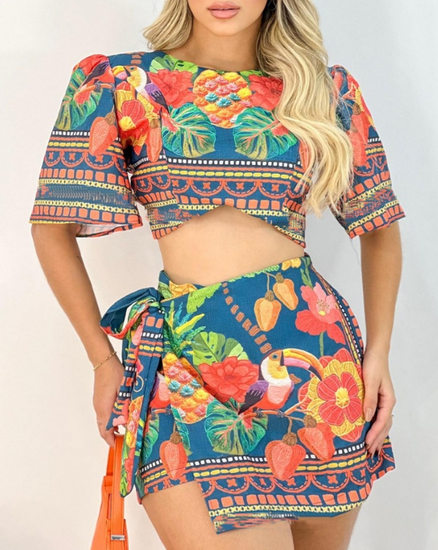 Women's Vacation Suits 2024 Spring/summer Latest Round Neck Half Sleeve Tropical Letter Tied Detail Print Crop Top&skirt Set
