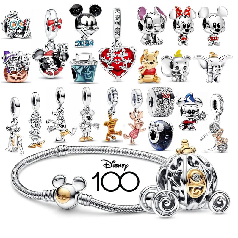 Disney 100th 925 Mickey Silver Charm,Pumpkin,Minnie,Stitch Beads Fit Original Pandora Bracelets Pendant Women Jewelry Accessorys
