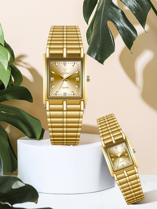 LIEBIG-Relógios de quartzo dourado para mulheres, pulseira de aço luxuosa para feminino e masculino, amantes, relógio
