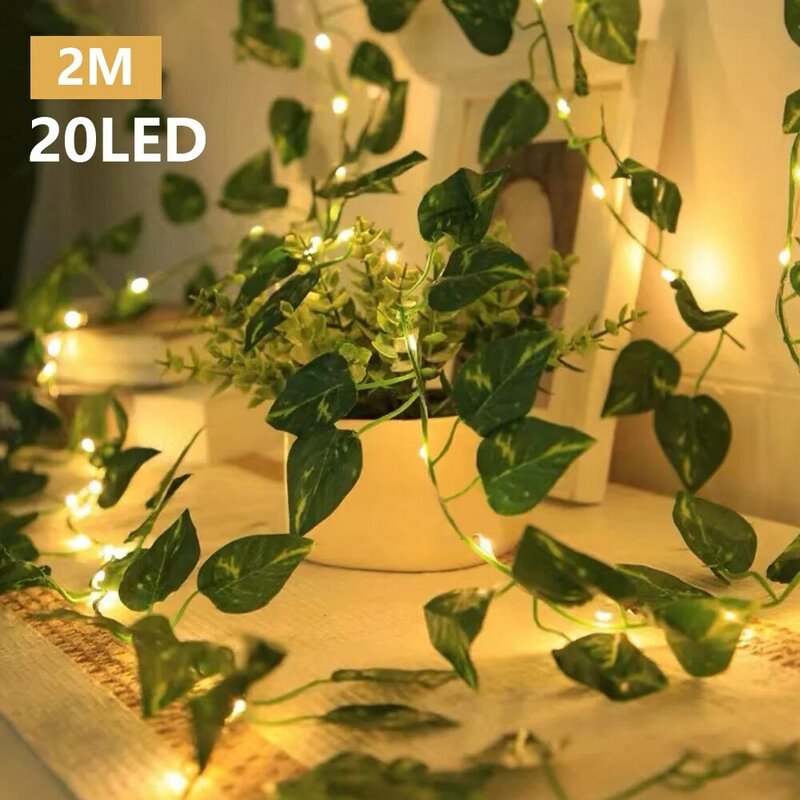 装飾用の緑の葉が付いたLEDライトガーランド,造花,電池式,妖精の照明