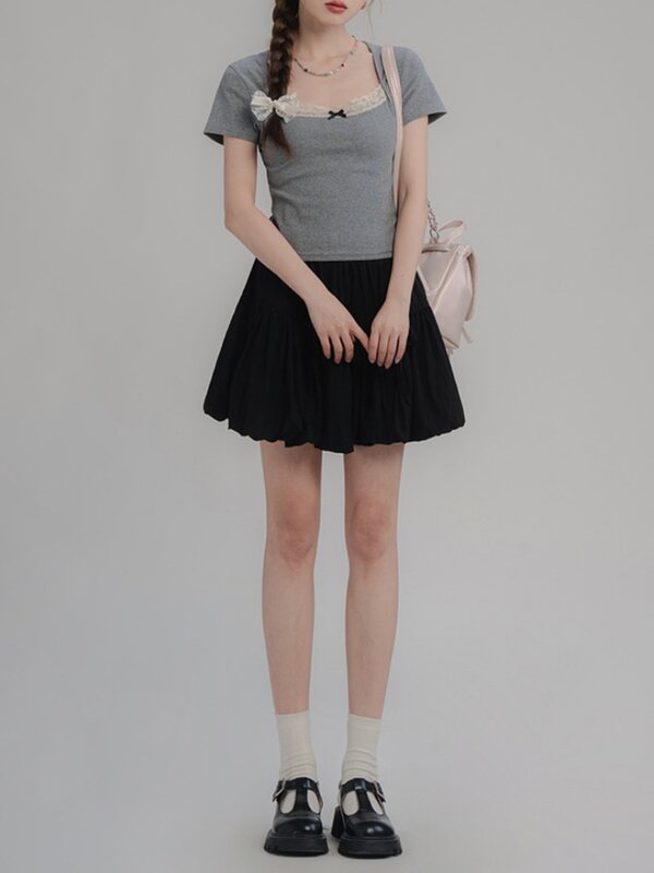 SUNSIREN Korean Fashion Lantern Mini Skirts With Bow Women Y2K Fairycore Sweet Solid Ruched Skirt Cute Harajuku Puffball Skirts