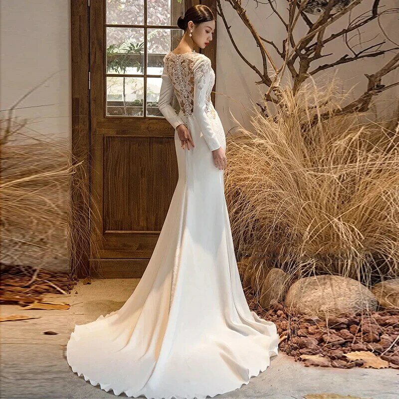 Vestido de novia de satén blanco con cuello en V para mujer, ropa de boda de estilo coreano con foto Real de encaje de sirena con cremallera, 2023