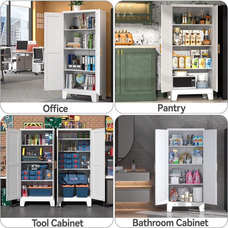 Armário branco do armazenamento da cozinha, armário do armazenamento da despensa com portas e prateleiras, armário do armazenamento com nivelamento ajustável