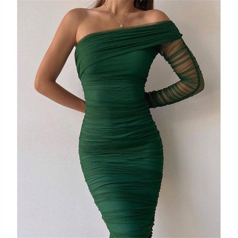 2024 Black Women One Shoulder Mesh Long Dress Sexy Diagonal Collar Wrap Slim Bodycon Prom Dresses Lady Formal Evening Party Gown