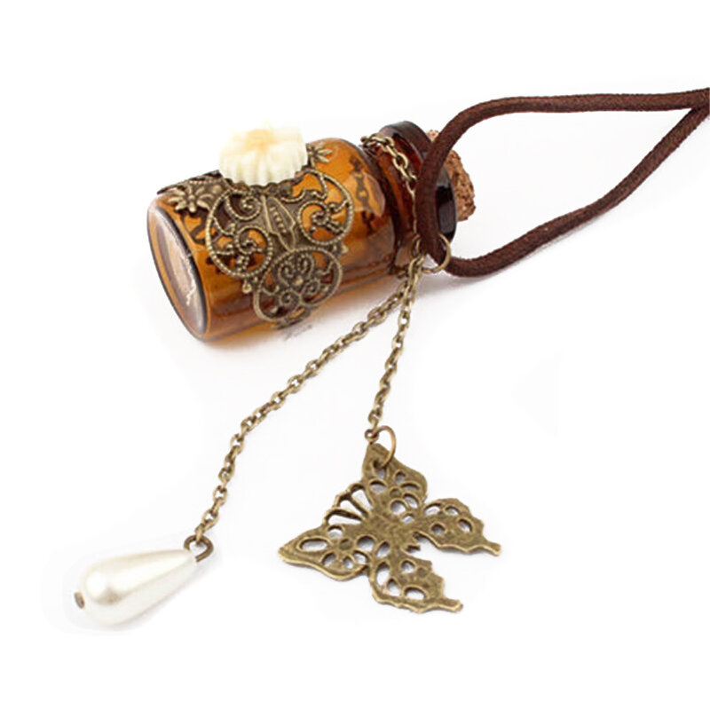 Schmetterling Blume Perle Glas Wishing Flasche Anhänger Lange Leder Seil Halskette
