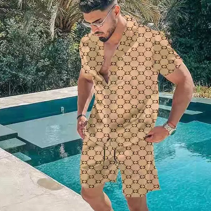 Pantaloncini Casual a maniche corte stampati da uomo estivi tuta sportiva allentata con bottoni con risvolto alla moda da spiaggia per le vacanze hawaiane