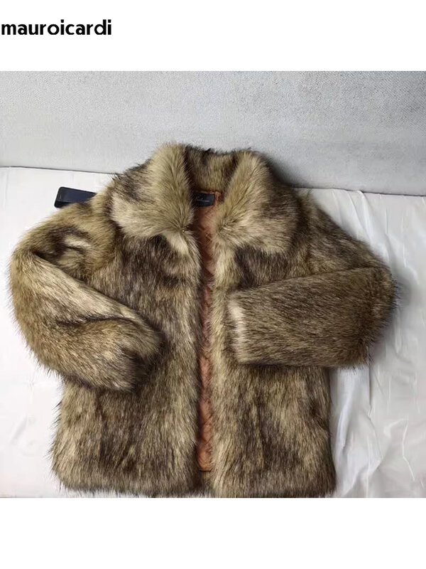 Mauroicardi Winter Short Thick Warm Hairy Shaggy Faux Raccoon Fur Coat Men Long Sleeve High Quality Luxury Fluffy Jacket 2023
