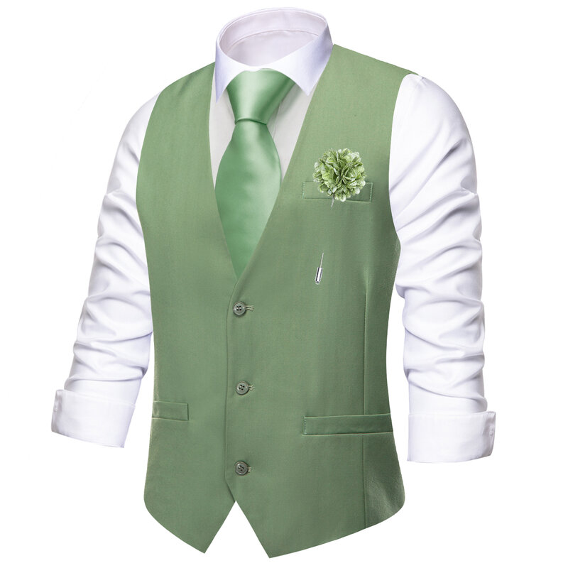 Hi-Tie Silk Men Vest Wedding Green Fashion Slim Waistcoat Necktie Hanky Cufflinks Brooch Set for Male Suit Formal Party Designer
