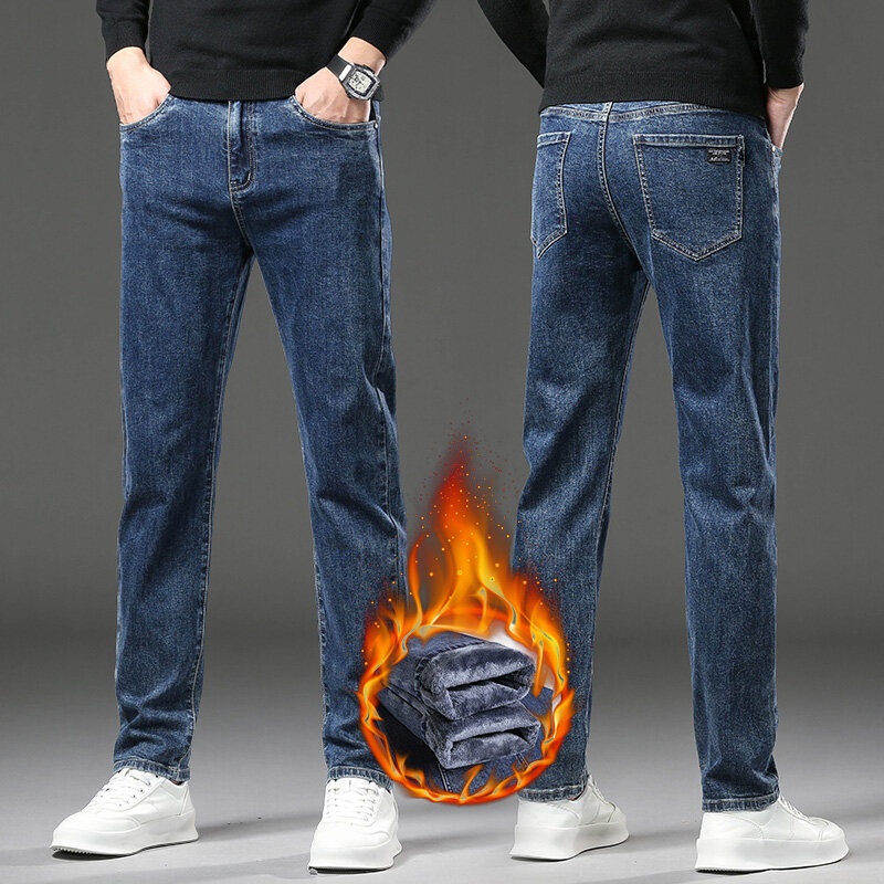 Jeans caldi spessi in pile invernale pantaloni da uomo in Denim elastico dritto sottile Casual abbigliamento maschile pantaloni di peluche di moda