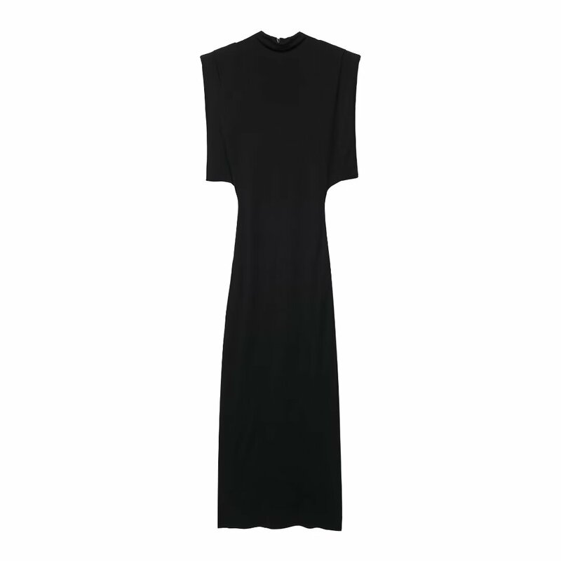 Women New Chic Fashion With shoulder pads slim Knitted Midi Dress Vintage Sleeveless Back Zipper Female Dresses robe Mujer