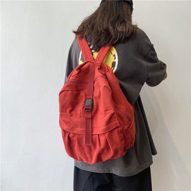 Backpack Canvas Cotton Unisex Solid Softback Zipper Casual High-Capacity Backpack Vintage Bookbag Travel Backpack