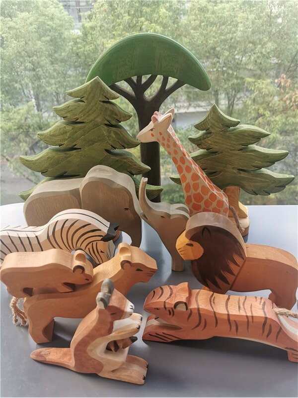 Bloques de apilamiento de tilo hechos a mano para niños, coloridos animales de madera, juguetes de árboles del bosque, León, tigre, elefante, jirafa, oso, canguro