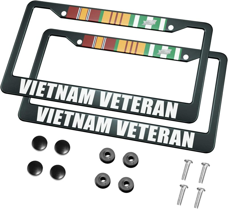 Marco de placa de matrícula de Vietnam Veteran, 2 piezas, 2 agujeros, negro, cubiertas de placa de matrícula delantera, marco de etiqueta de coche