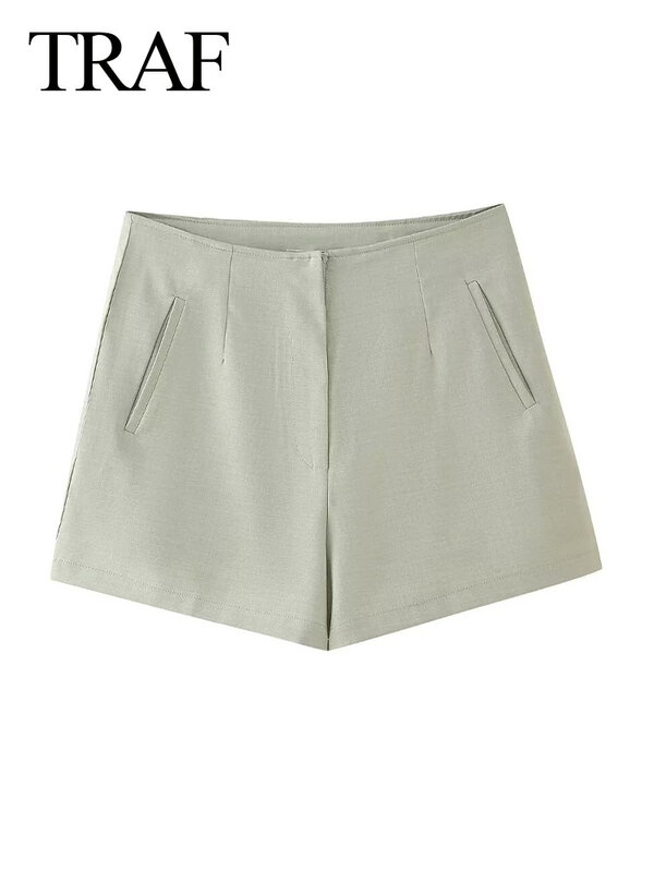 TRAF-Shorts com bolsos laterais monocromáticos de cintura alta femininos, shorts de praia finos, streetwear casual, elegante e chique, verão
