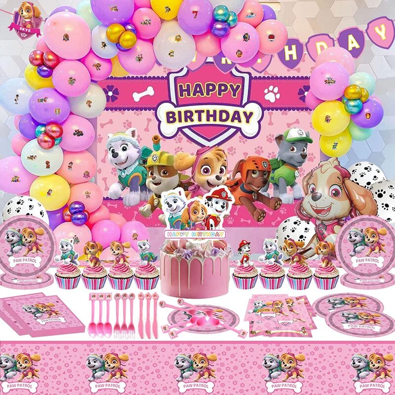 Decoraciones de fiesta de cumpleaños Skye de la patrulla canina rosa, globos de látex de aluminio, vajilla, plato, telón de fondo para niños, suministros de fiesta para niñas