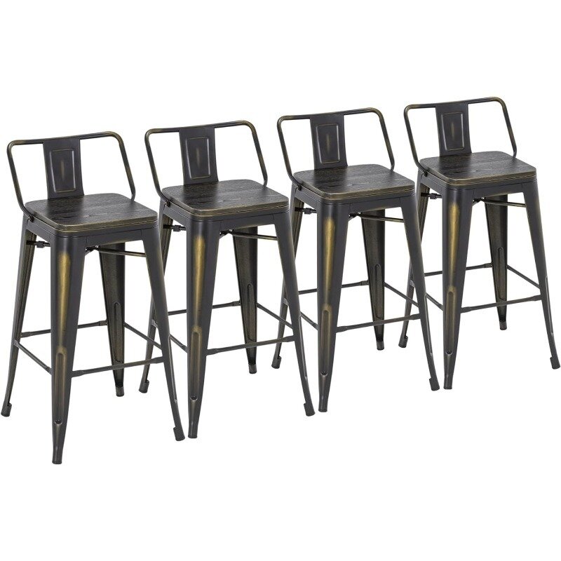 Taburetes de Bar de 26 pulgadas, Juego de 4 taburetes de altura para mostrador de cocina con asiento de madera, sillas de Bar de espalda baja de Metal, color negro mate