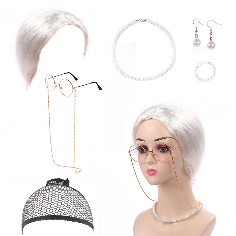Perruque de grand-mère, châle de grand-mère, lunettes à monture de canne gonflable, collier de perles artificielles, boucles d'oreilles bracelet