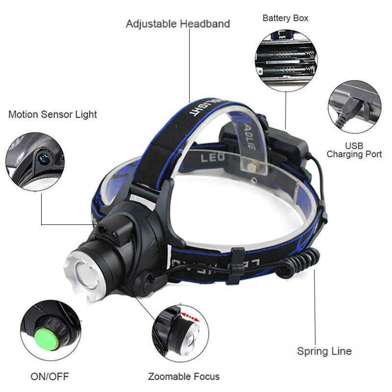 ZK40 IR Sensor T6/L2/V6 LED headlight zoom faro induttivo Body Motion torcia lampada da campeggio lampada frontale USB ricaricabile
