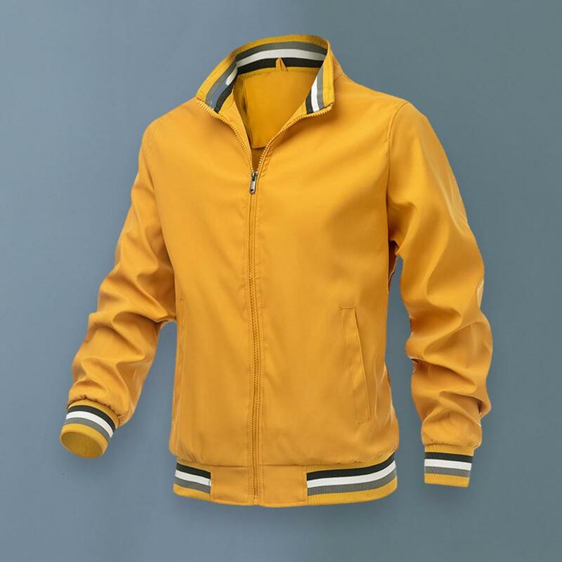 Spring Autumn Men Solid Color Windbreaker Stand Collar Long Sleeve Casual Jacket Side Pockets Zipper Placket Sports OverCoat