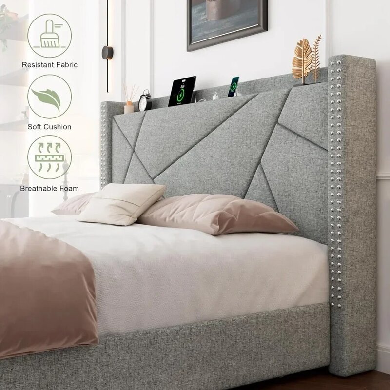 Bed frame with 4 storage drawers, upholstered platform bed frame, solid wood slats support, no need for box spring platform bed