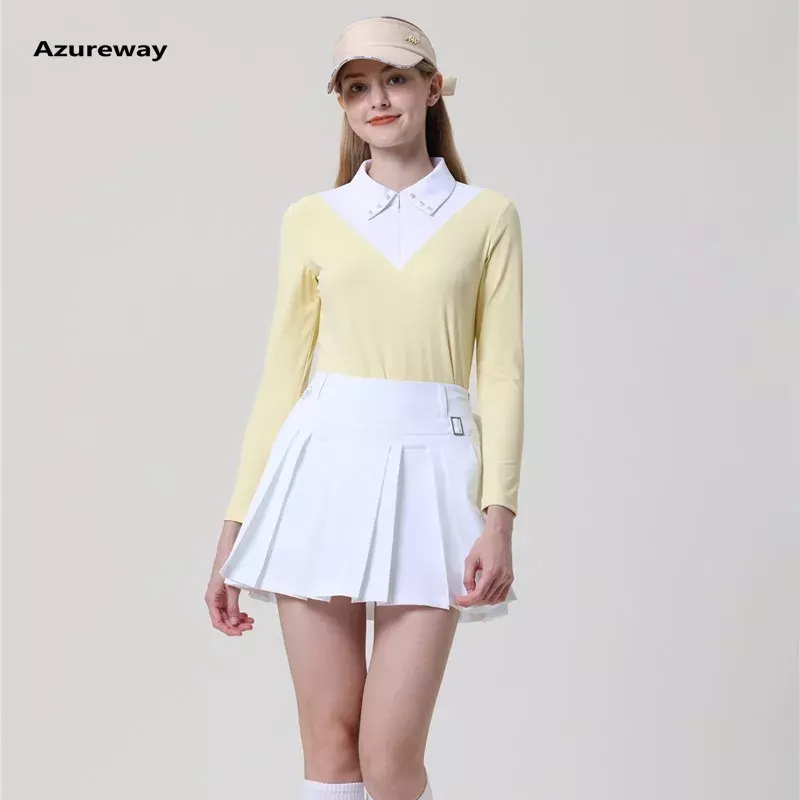 Azureway Winter Women Full Sleeve Golf Tops Slim Lapel Shirts Autumn Female Pencil Pantskirts Elastic Golf Pleated Skorts Suit
