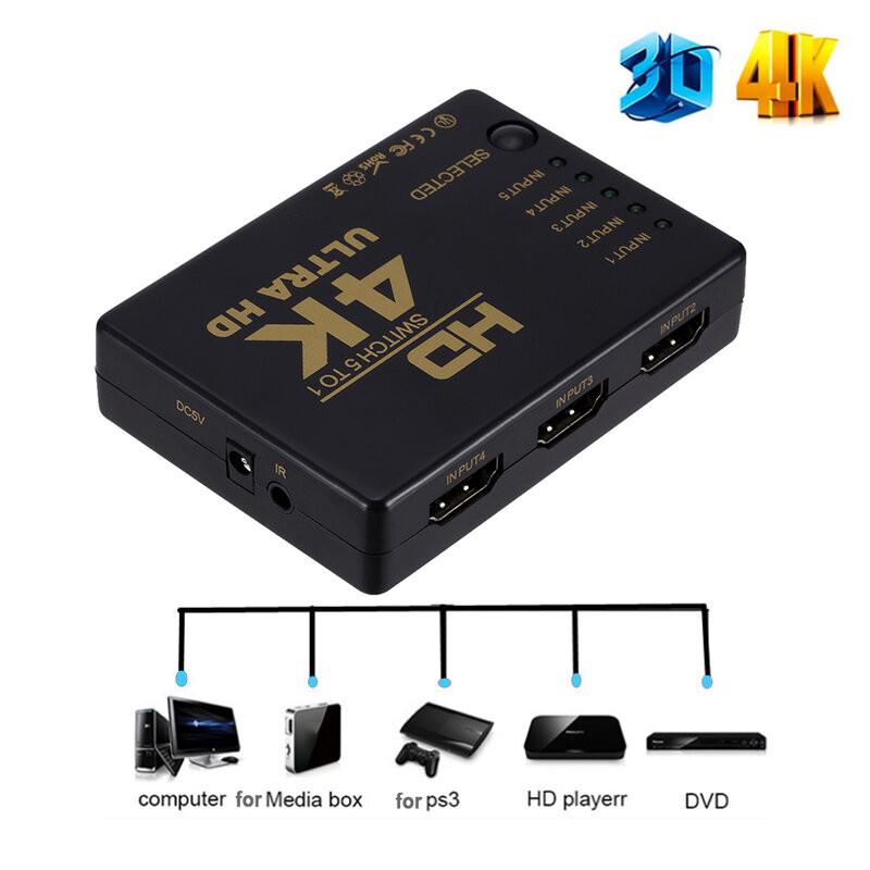 Switcher compatibile con HDMI 4K * 2K HD 1080P 5 porte HD Switch Selector Splitter con Hub IR Remote 3D Controller per HDTV DVD TV BOX