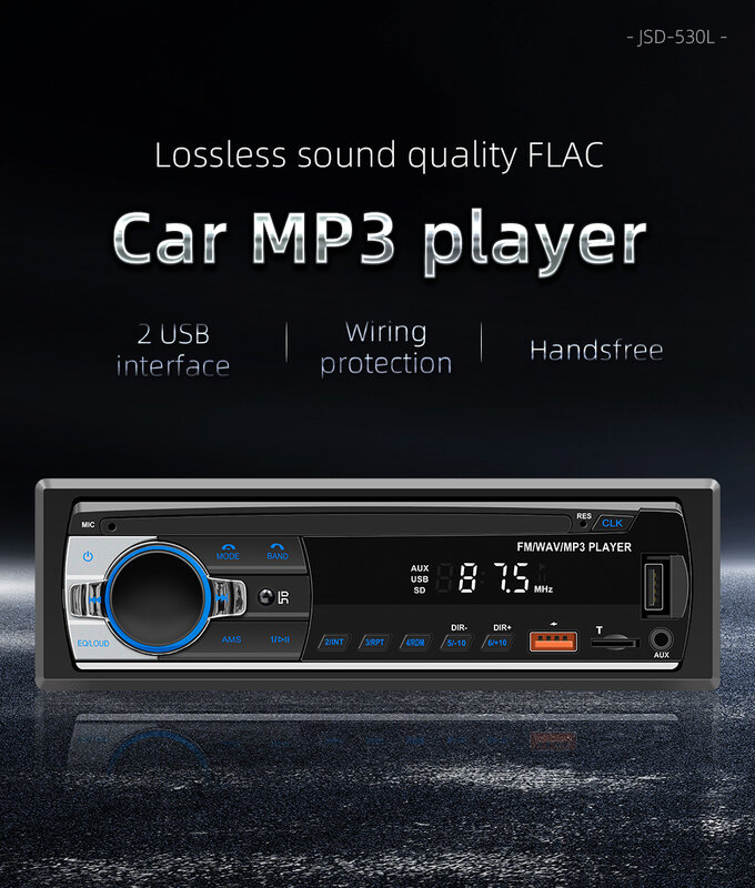 Leitor de MP3 Bluetooth Digital, Rádio do carro, Áudio FM, Música estéreo, USB, SD com In Dash, Entrada AUX, JSD-530, 520, 60W x 4
