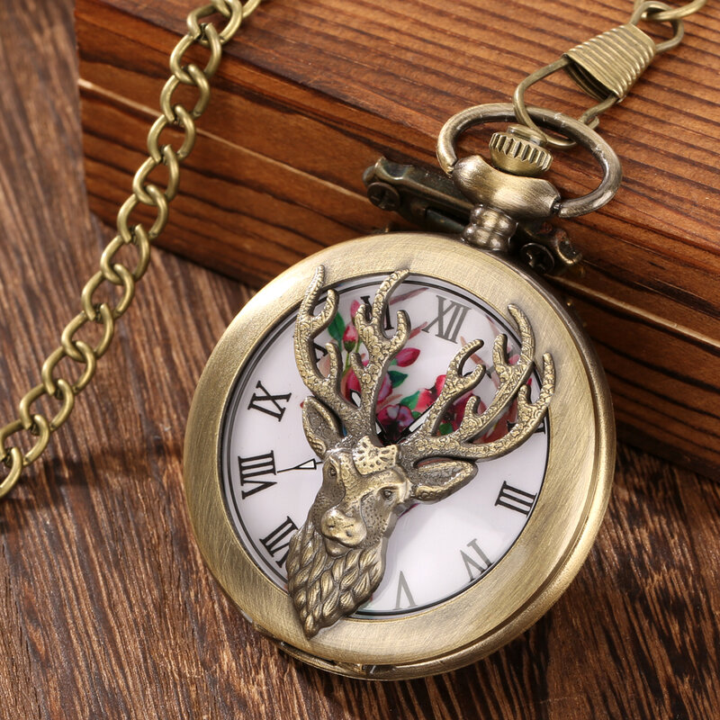 Penutup berongga kepala rusa perunggu Retro jam tangan saku Quartz desain Dial klakson bunga rusa Sika jam liontin kalung jam antik