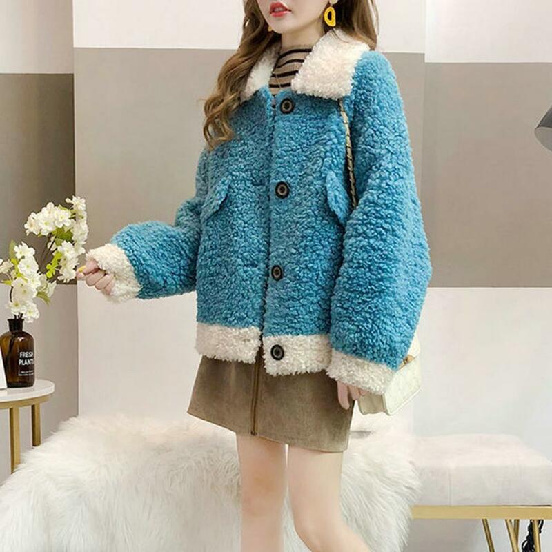 여성용 편안한 라펠 겨울 코트, 플러시 루즈핏 카디건 재킷, 컬러 매칭 포켓, 겨울