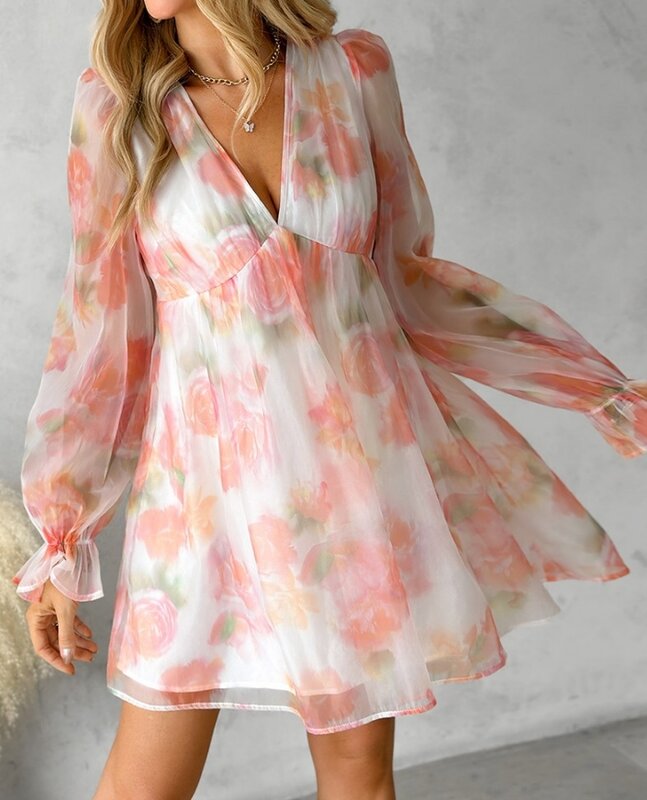 Женское платье с цветочным принтом, элегантное прозрачное Сетчатое платье с V-образным вырезом и длинным рукавом, весна-лето 2024