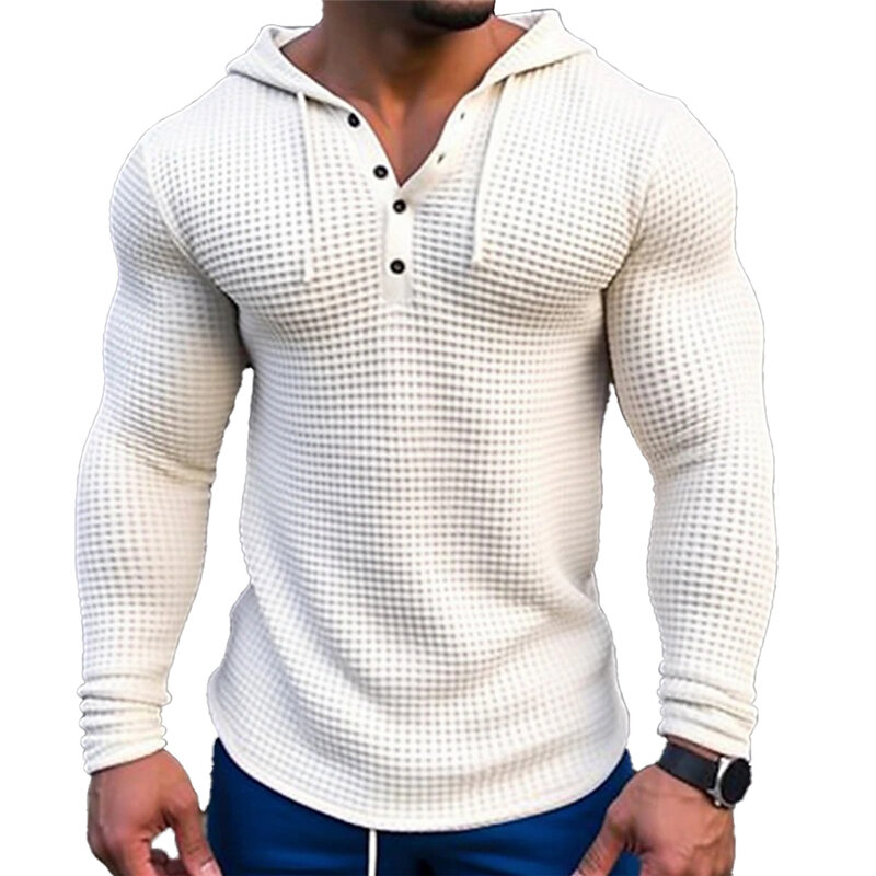 Spring Men Hooded Tops Solid Color Plaid Long Sleeve Button Sweatshirts Autumn Hooded Pullovers Male Streetwear