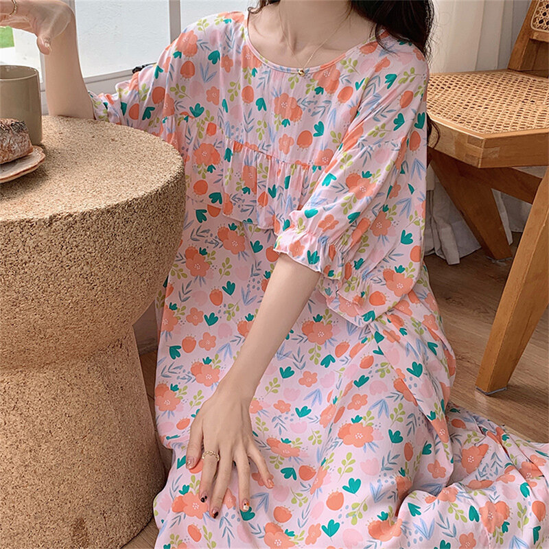 Frauen Sommer dünnes Zuhause Kleid große Größe locker lässig atmungsaktiv Viskose Pyjamas drucken Nachthemd Homewear bequeme Nachtwäsche