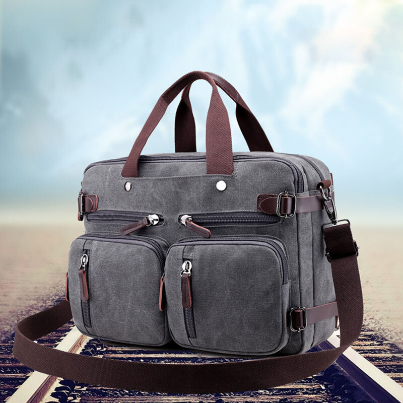 Kvky tas tangan kanvas pria, selempang bahu tas Messenger Solid kapasitas tinggi kasual perjalanan multifungsi untuk pria (Laptop)