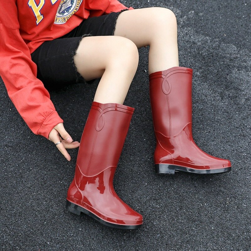 New Fashion Platform Mid-Calf Rain Boots Women's Warm Water Boots Female Jelly Bottom Non-Slip Waterproof PVC Shoes
