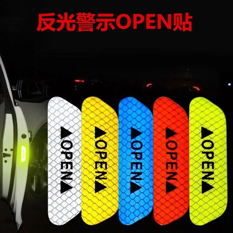 4pcs/set General Motors Reflective Stickers Door OPEN Opening Anti-collision Stickers Safety Warning Tape Tips Reflective Strips