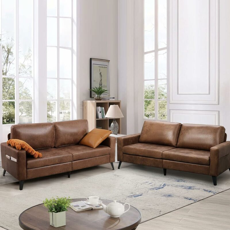 居間用の小さな茶色の合成皮革ソファ、モダンなミッドセンチュリーソファ、79インチ幅