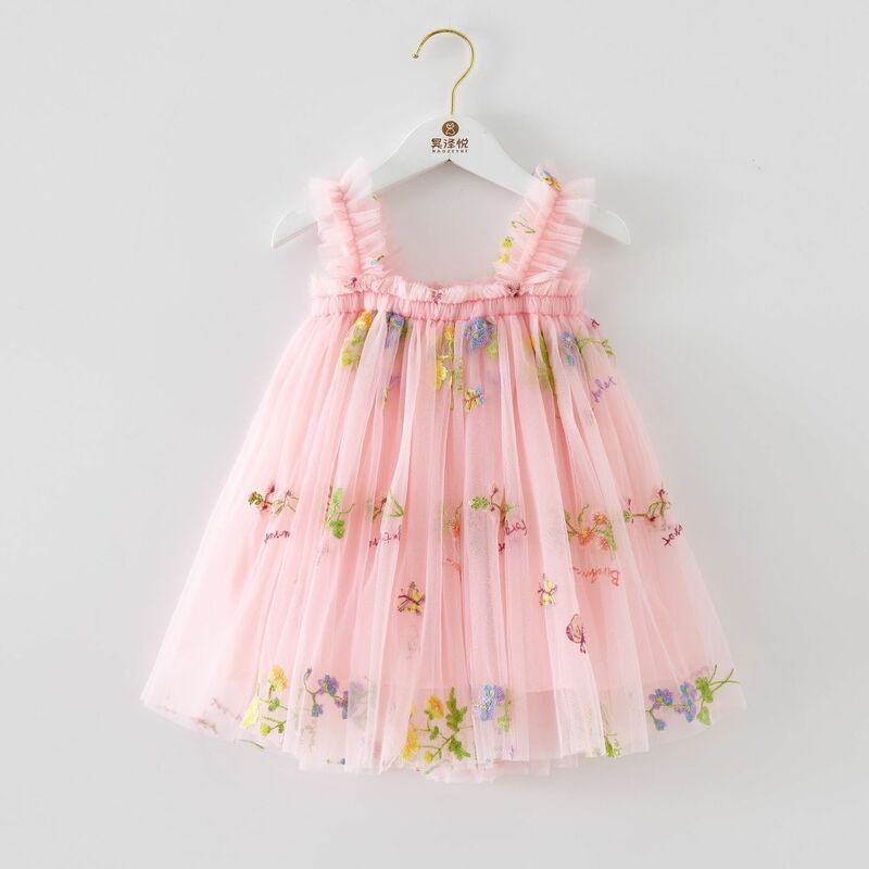 Vestido de malla con bordado de flores para niña, conjunto de 6 piezas con tirantes, ropa de princesa para cumpleaños, novedad