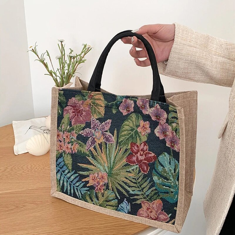 Linen Button Vintage Handbag Women Tote Large Capacity Grocery Bag Gift Bag Beach Organizer Portable Shopping Lunch Bag Retro