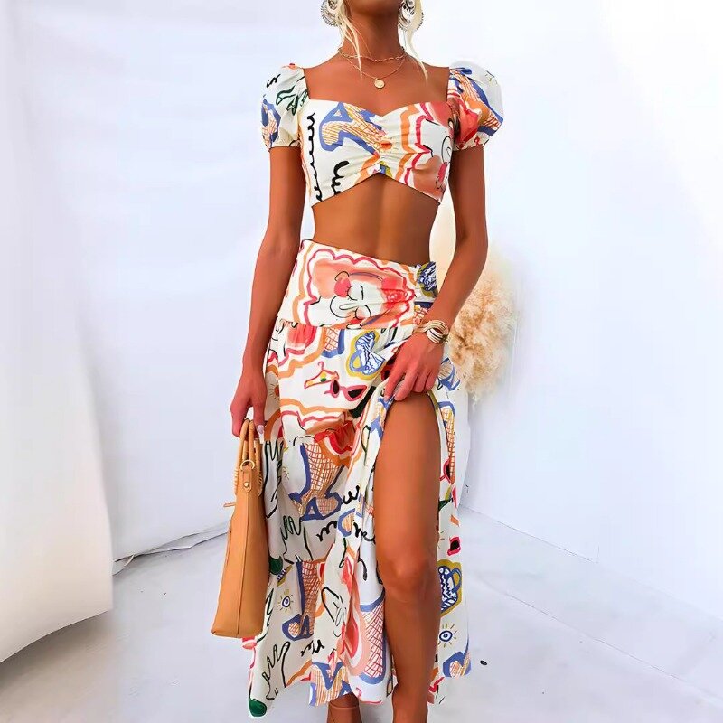 Elegant Women Two Piece Skirt Set Bohemian Vacation Outfits Y2K Summer Print V Neck Crop Top Shirt High Waist Ruffle Skirt