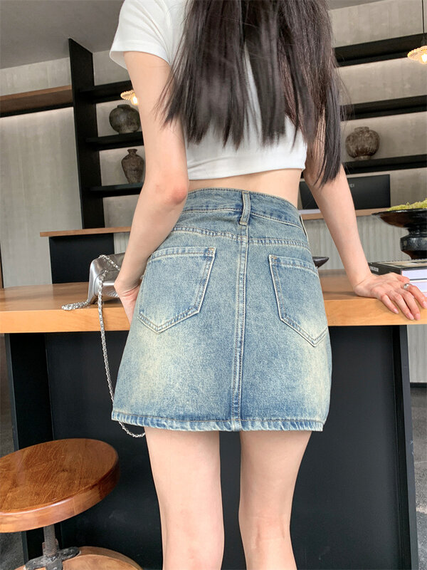 Spódnice dżinsowe z wysokim stanem Kobiety Mini Sprane Bielone Vintage Koreańska Moda Hot Girls Chic Y2k A-line Summer Trendy Classic Retro