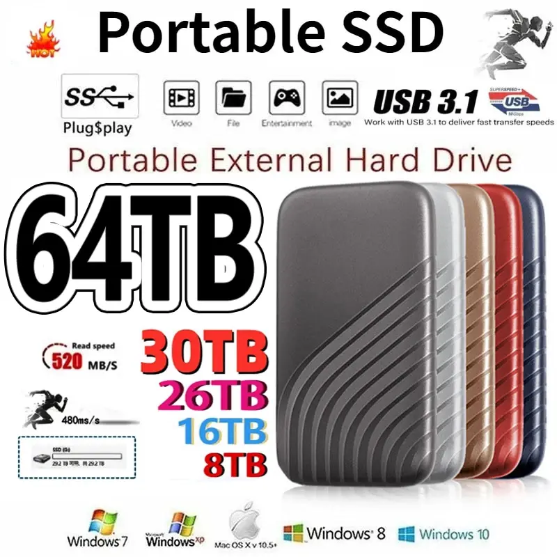 샤오미 미지아 오리지널 고속 SSD, 휴대용 외장 솔리드 스테이트 하드 드라이브, USB3.1 인터페이스, 모바일 하드 드라이브, 16TB, 8TB, 2TB