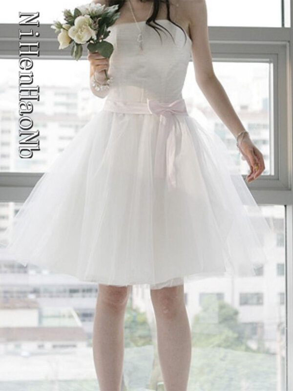 New Spring White Short Wedding Dresses Lace Up Back Vestidos Princess Bride Gowns Prom Dress
