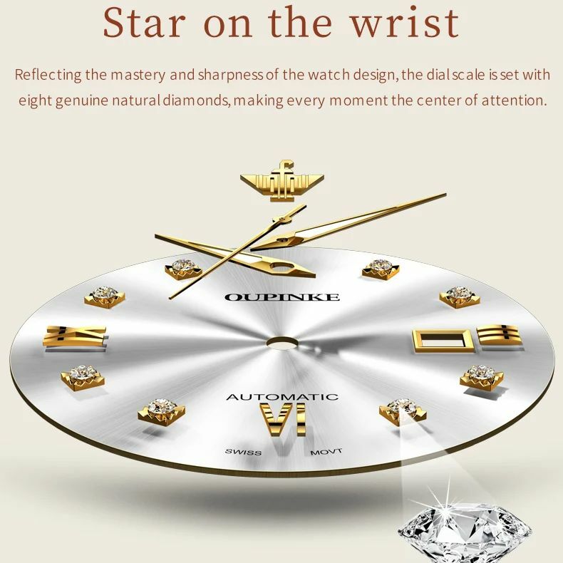 OUPINKE-Conjunto de relógio de luxo para homens e mulheres, diamante real, relógio mecânico automático suíço, relógios de pulso originais e genuínos, 3199